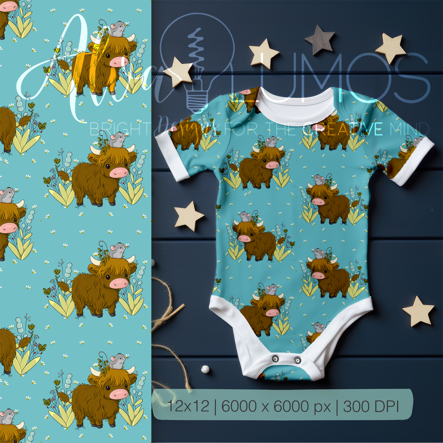 Floral Highland Cow kids Seamless Pattern