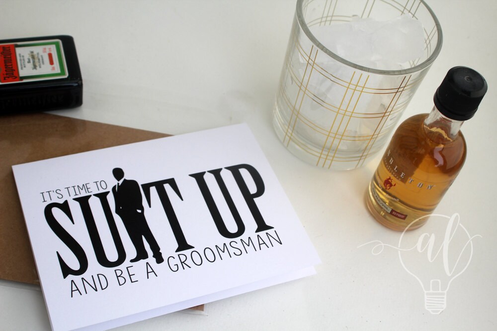 It's time to suit up and be a groomsman wedding party card